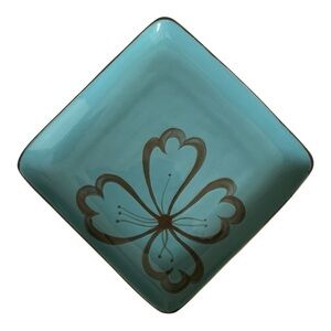Pier 1 Hibiscus Pattern Square Dinner Plate Teal And Brown Flower Design Vintage